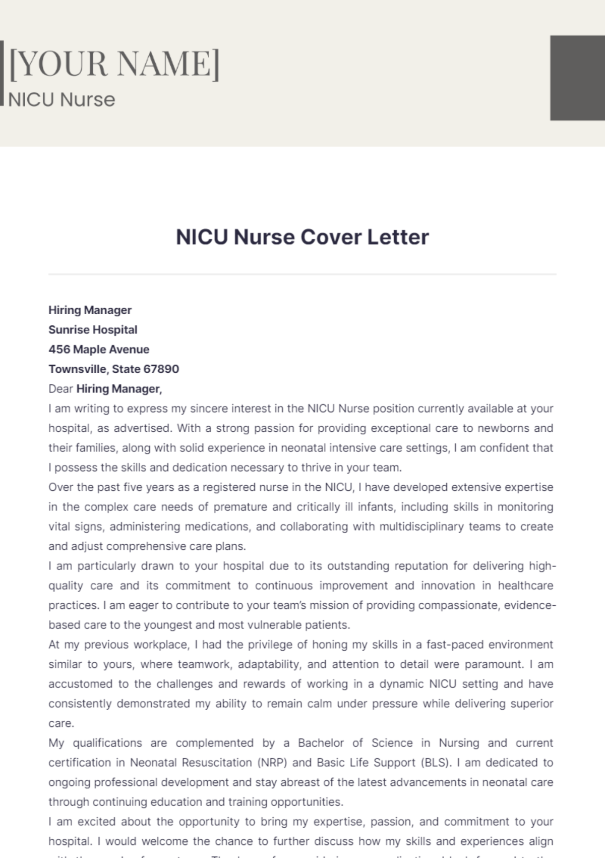 NICU Nurse Cover Letter - Edit Online & Download