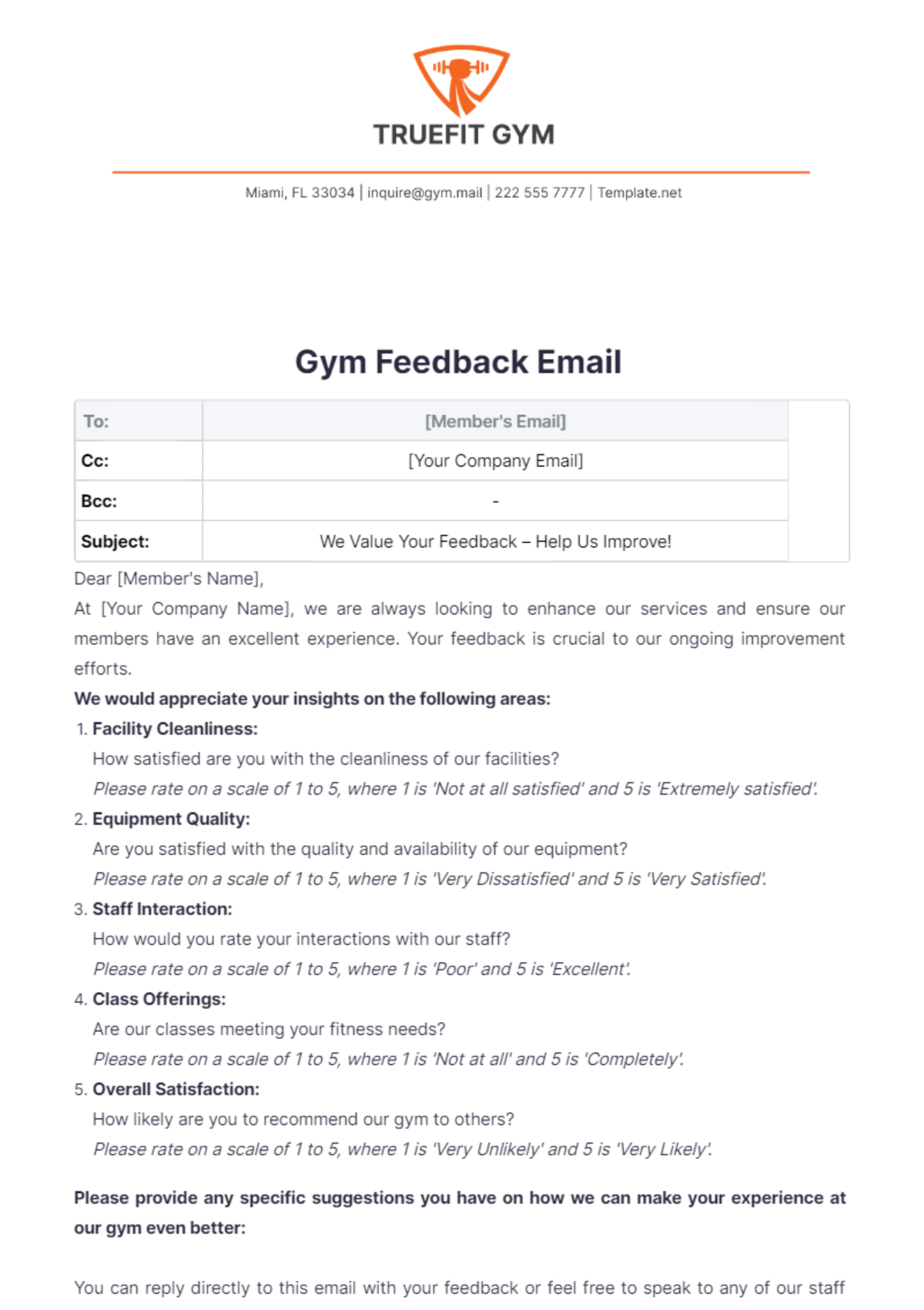 Gym Feedback Email Template