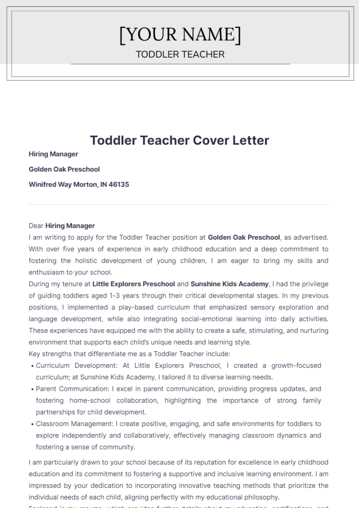 Free Toddler Teacher Cover Letter Template - Edit Online & Download ...