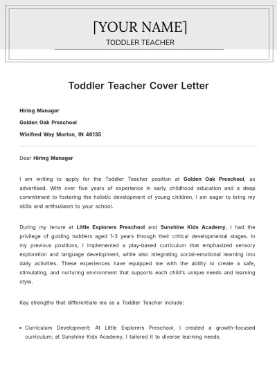 Free Toddler Teacher Cover Letter to Edit Online