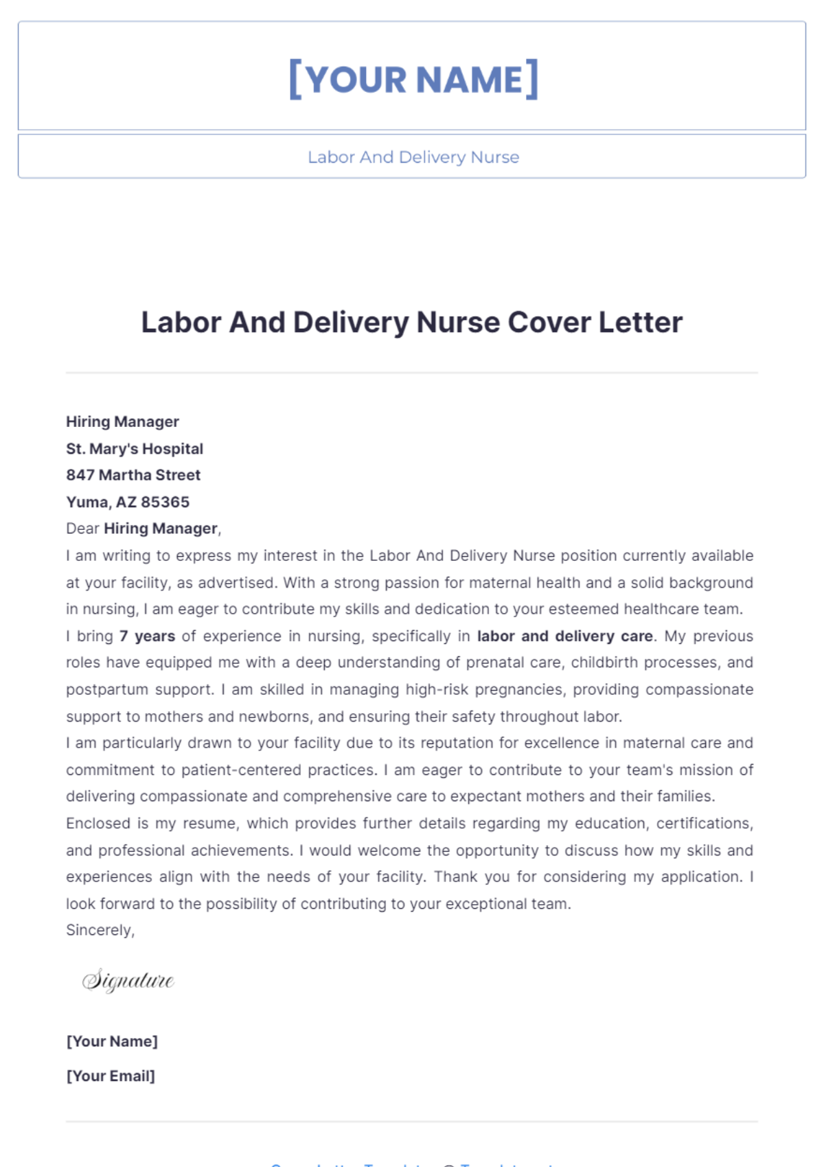 Labor And Delivery Nurse Cover Letter - Edit Online & Download