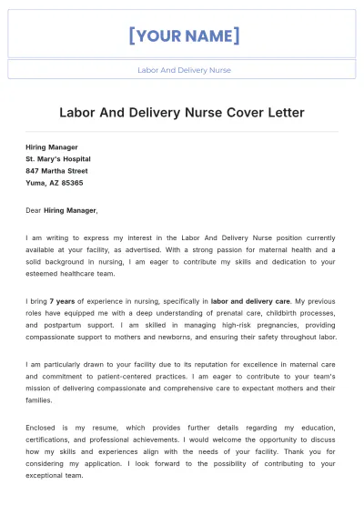 Free Labor And Delivery Nurse Cover Letter to Edit Online