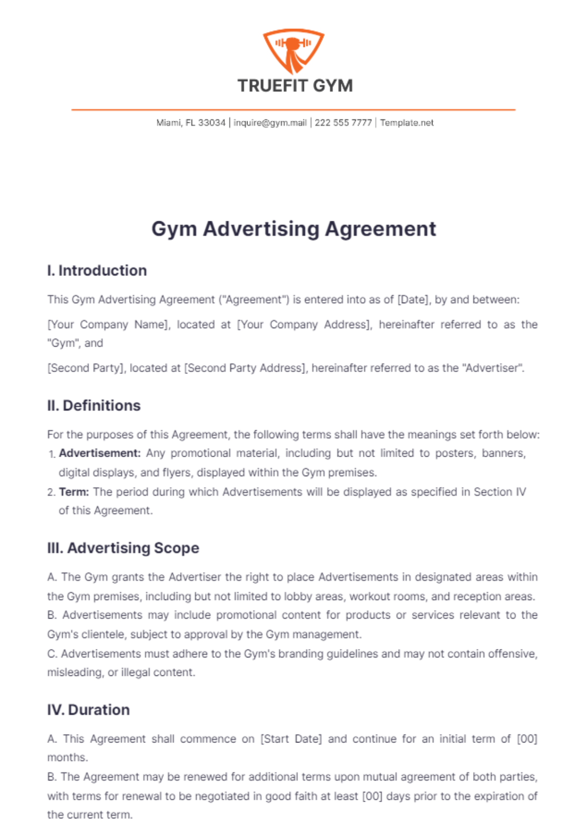 Gym Advertising Agreement Template - Edit Online & Download