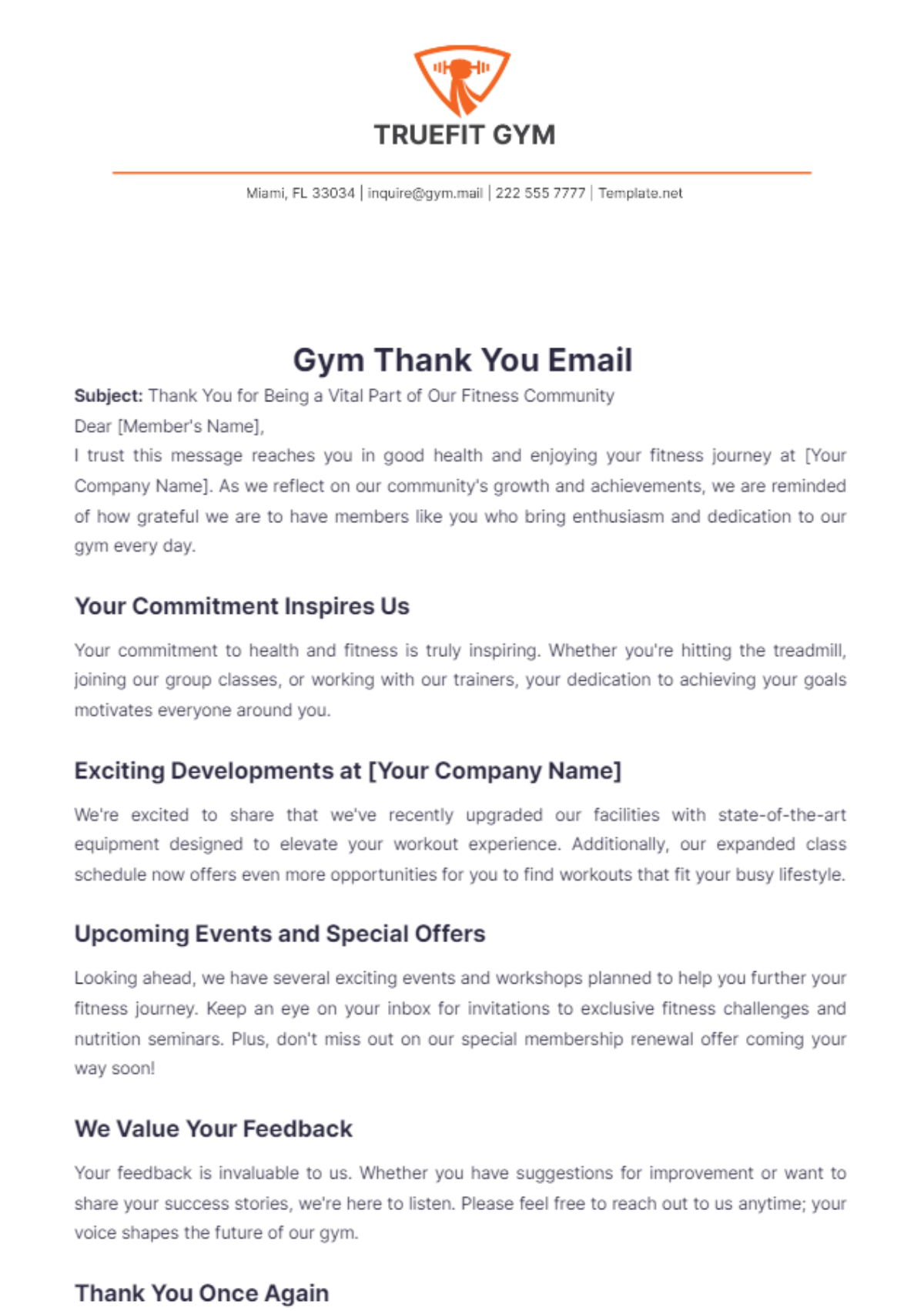 Gym Thank You Email Template