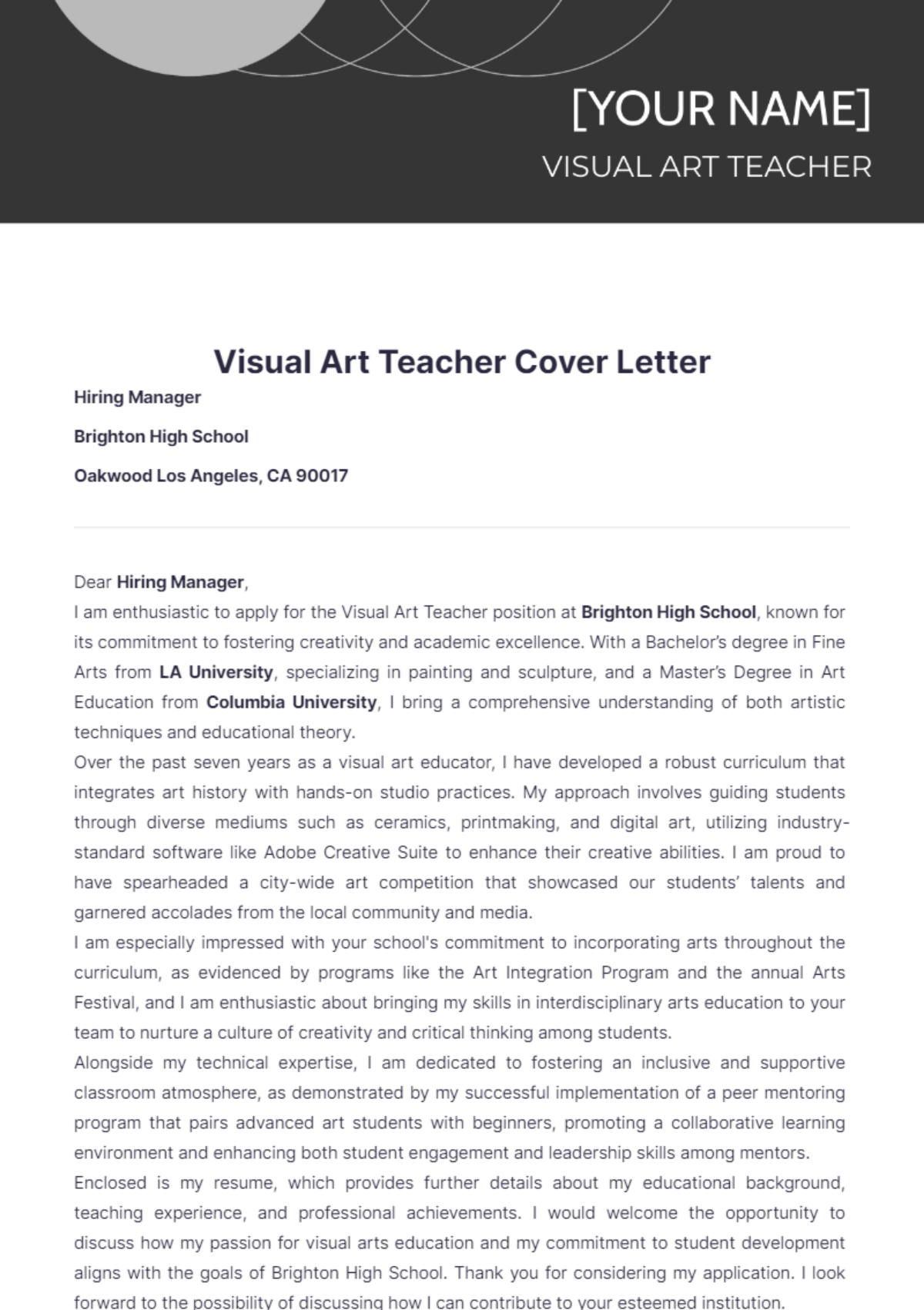 Visual Art Teacher Cover Letter