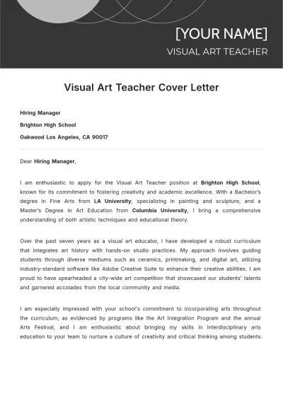 Free Visual Art Teacher Cover Letter to Edit Online