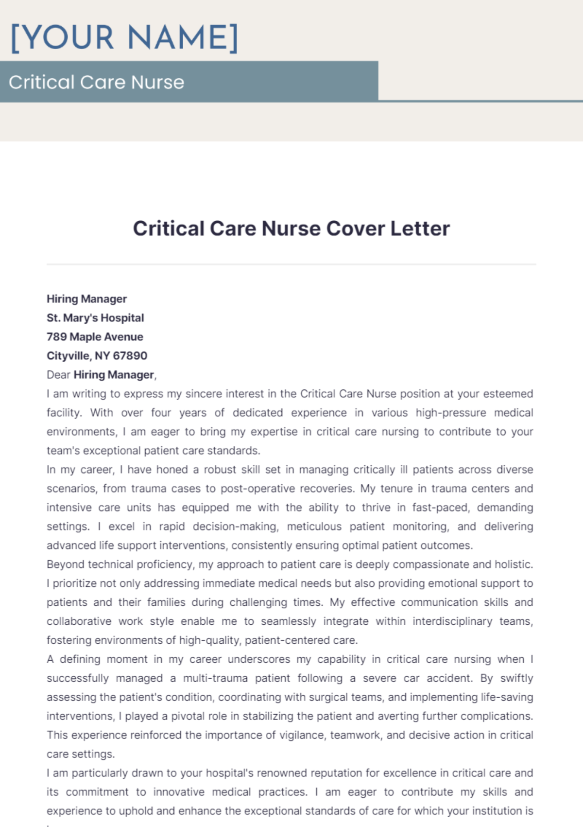 Critical Care Nurse Cover Letter - Edit Online & Download