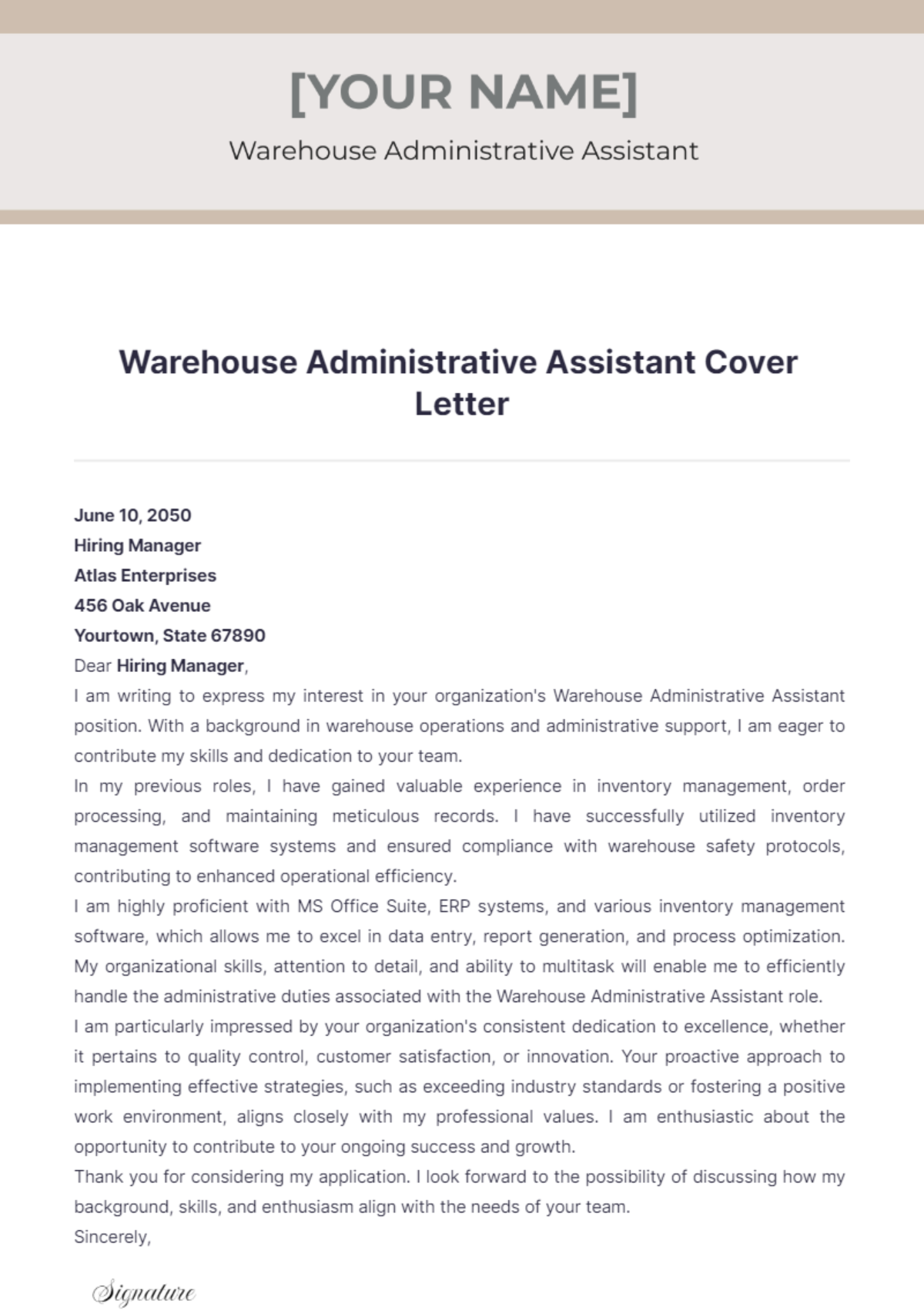 Warehouse Administrative Assistant Cover Letter - Edit Online & Download