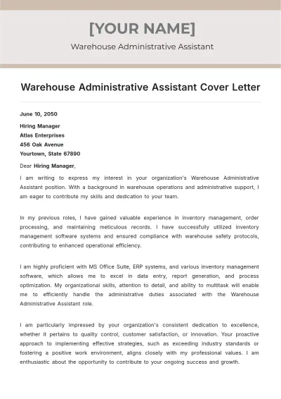 Free Warehouse Administrative Assistant Cover Letter to Edit Online