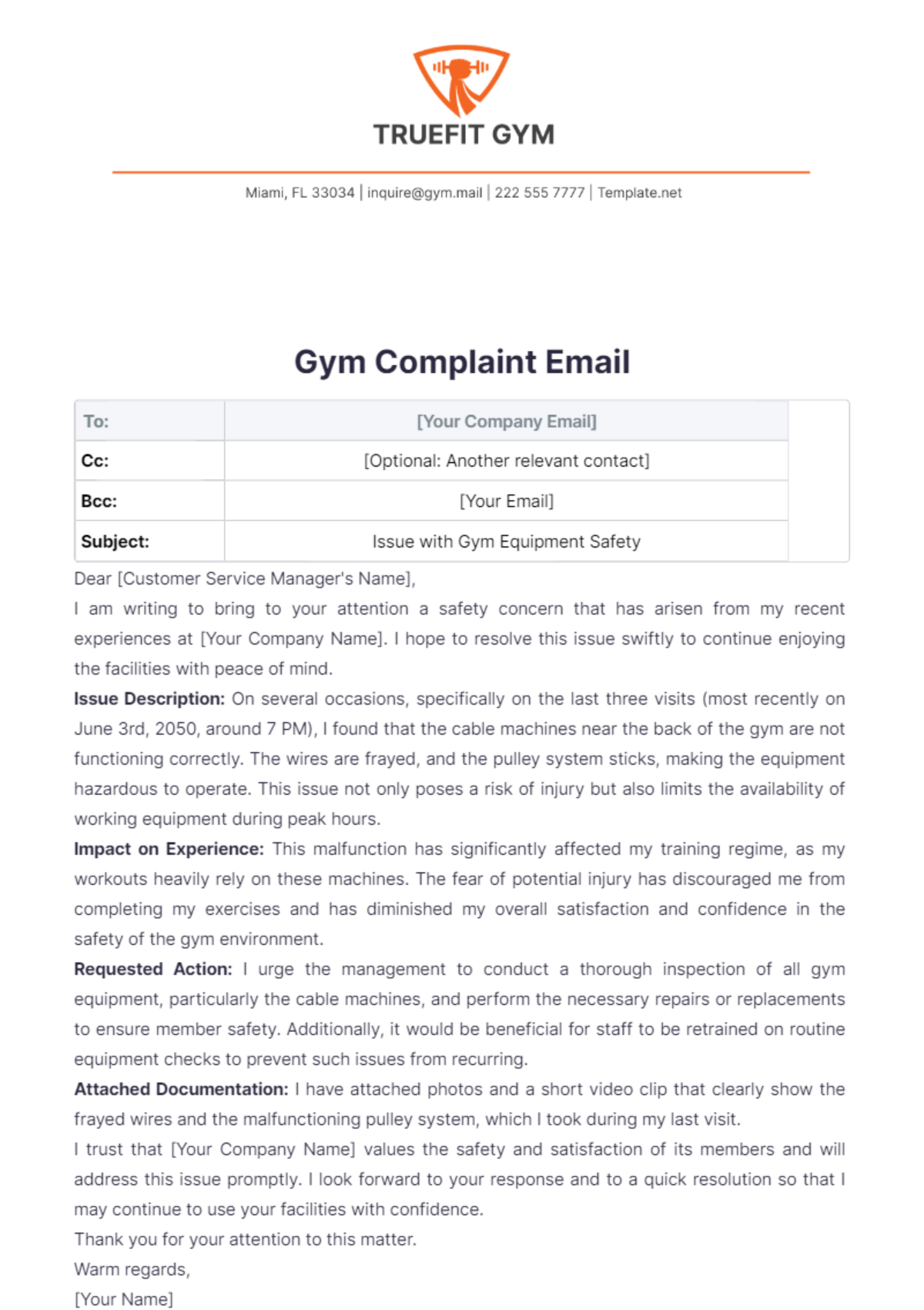 Gym Complaint Email Template