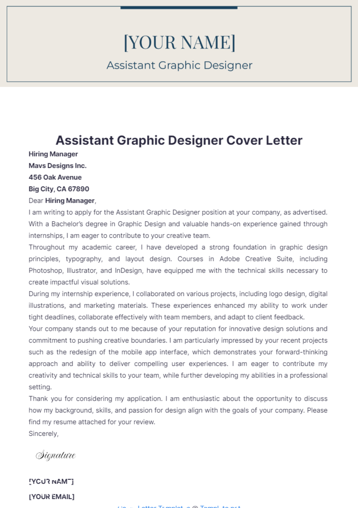 Assistant Graphic Designer Cover Letter - Edit Online & Download