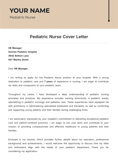 Free Pediatric Nurse Cover Letter to Edit Online