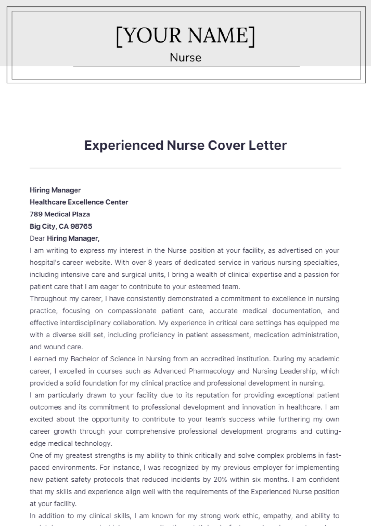 Experienced Nurse Cover Letter - Edit Online & Download