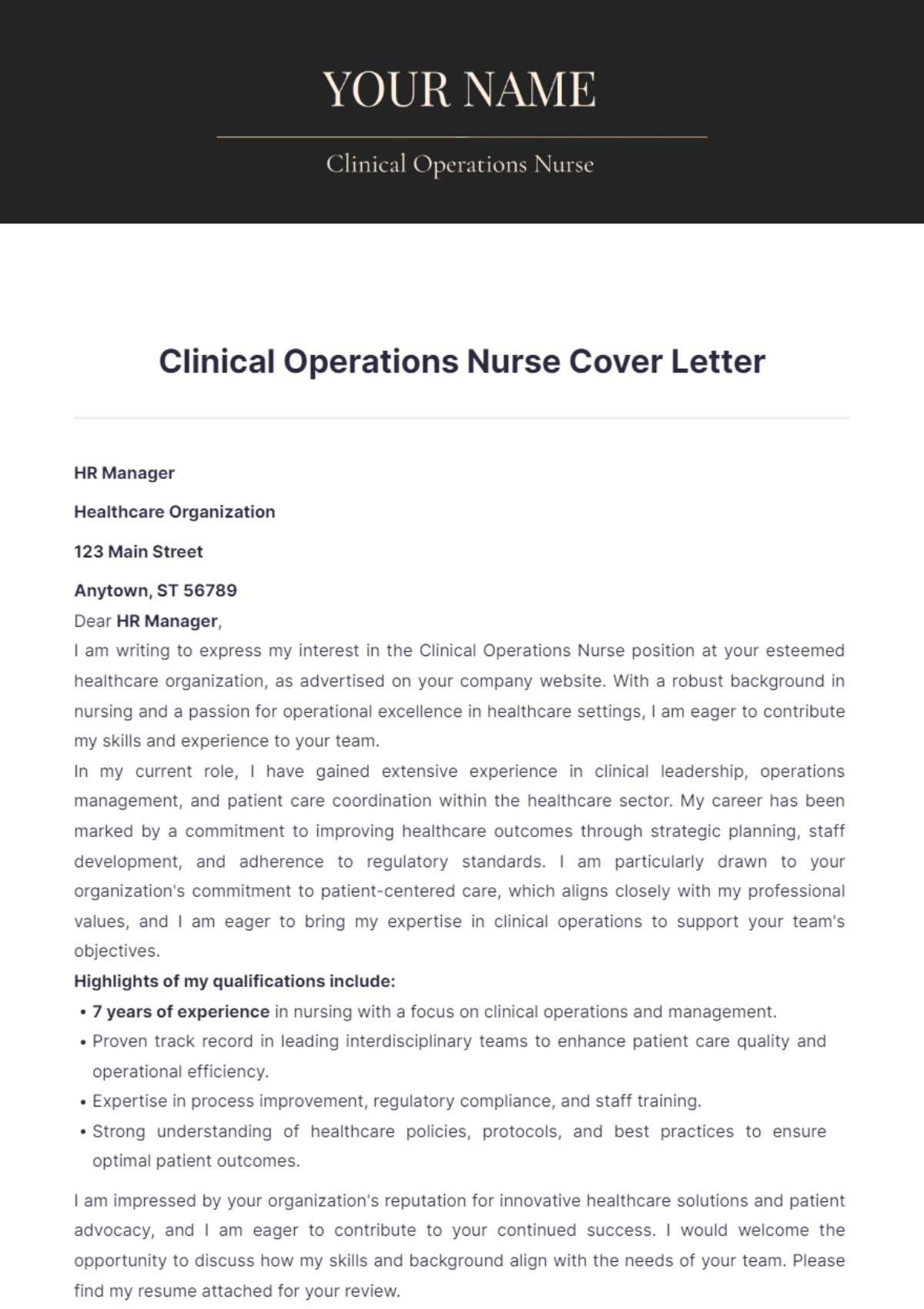 Clinical Operations Nurse Cover Letter - Edit Online & Download