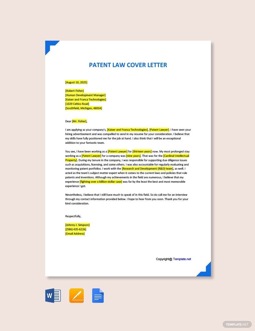 Patent Law Cover Letter in Word, Google Docs, PDF, Apple Pages