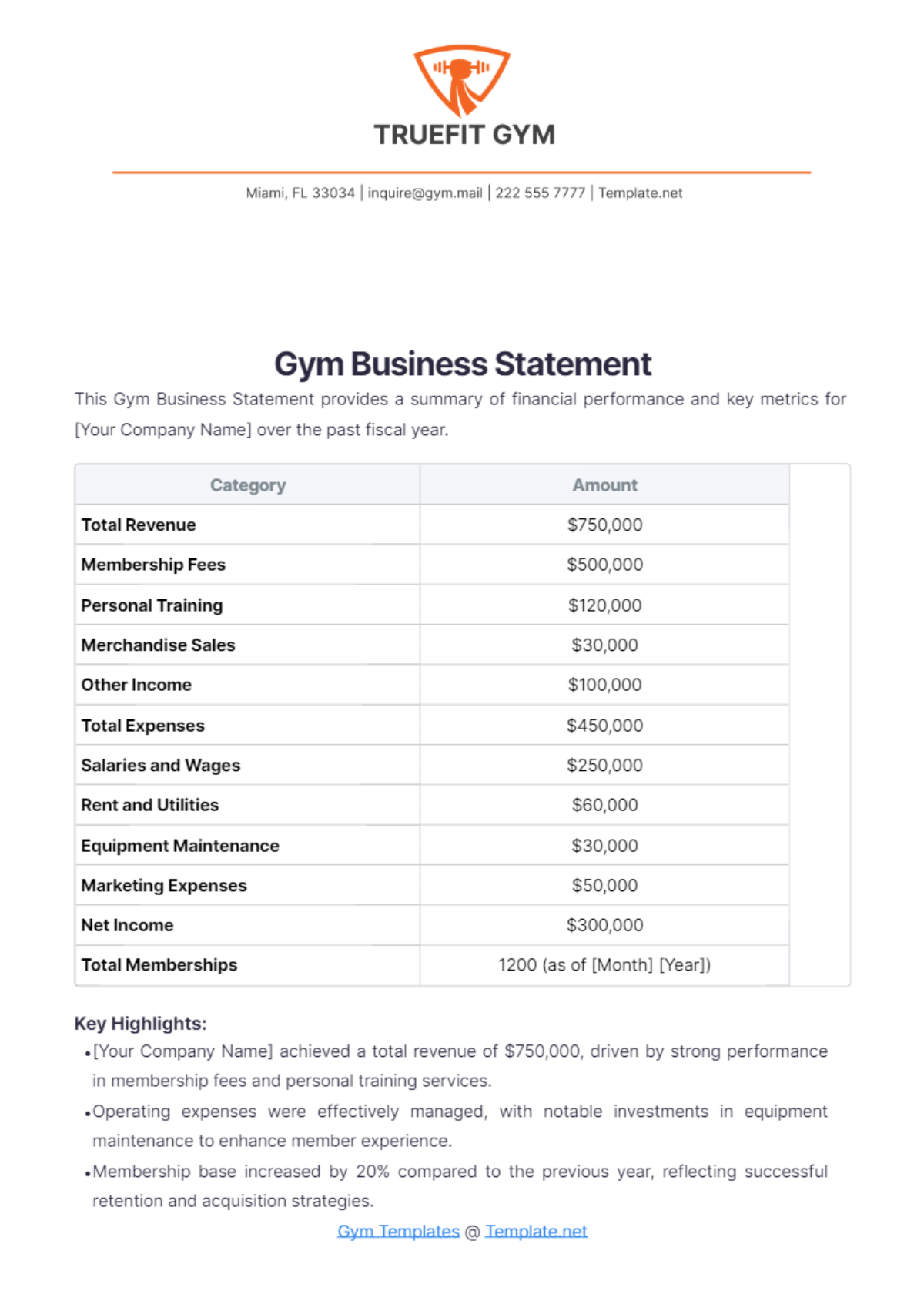 Gym Business Statement Template - Edit Online & Download