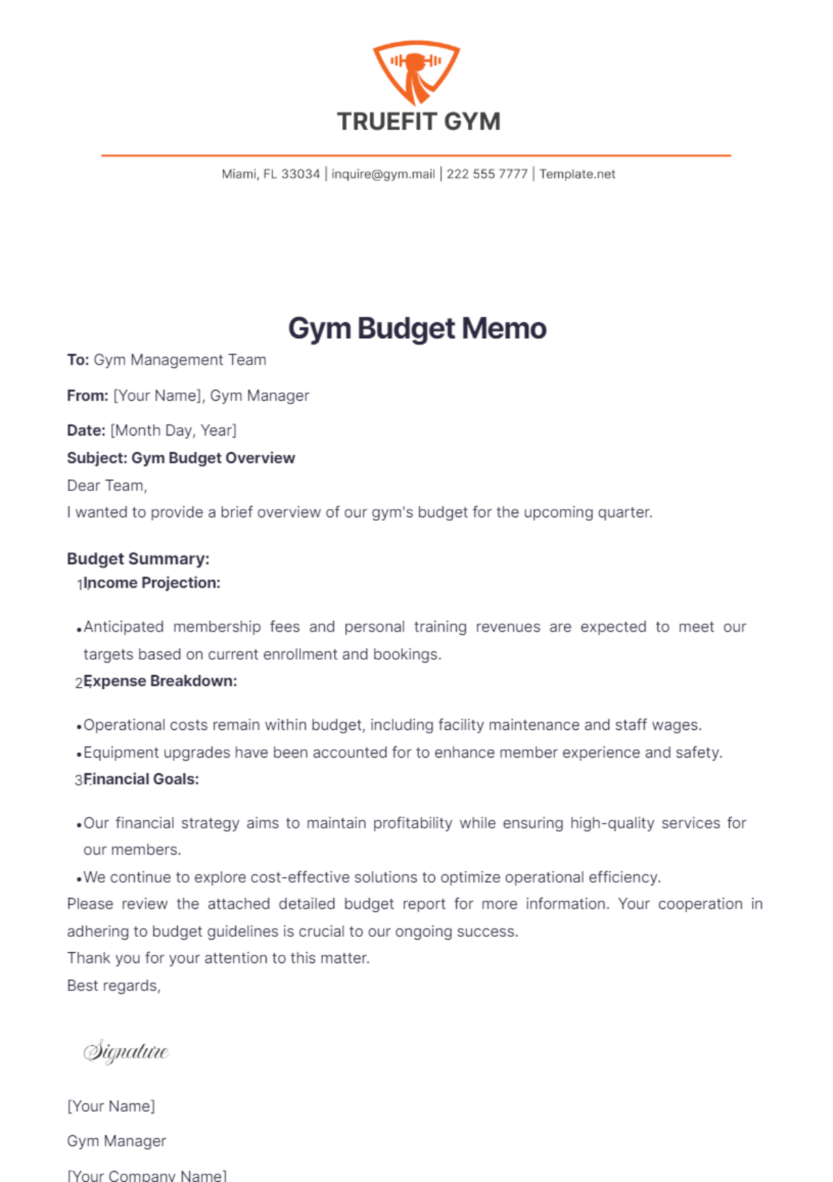 Gym Budget Memo Template - Edit Online & Download