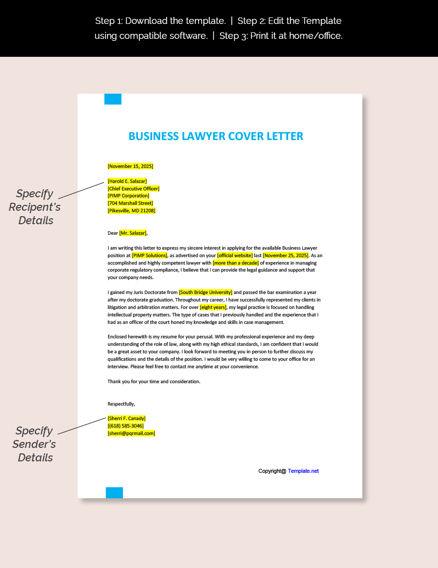 Business Lawyer Cover Letter Template