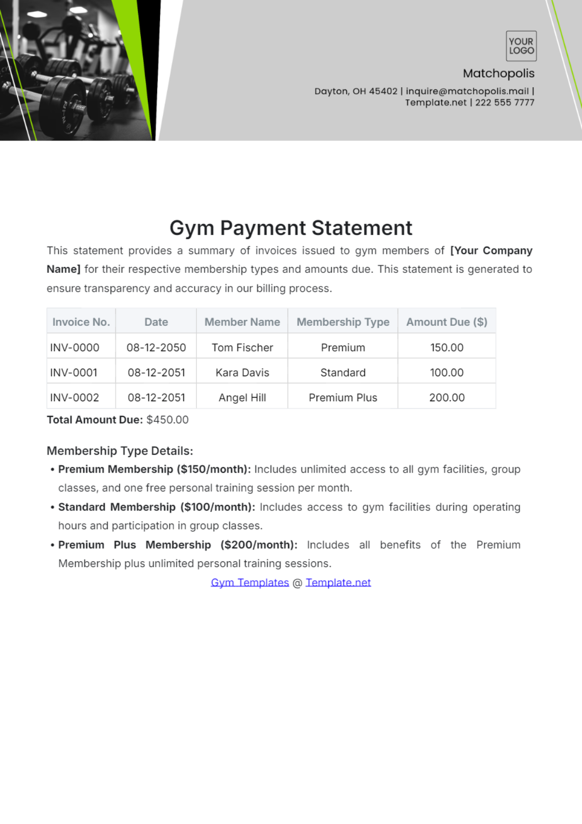 Simple Gym Payment Statement Template