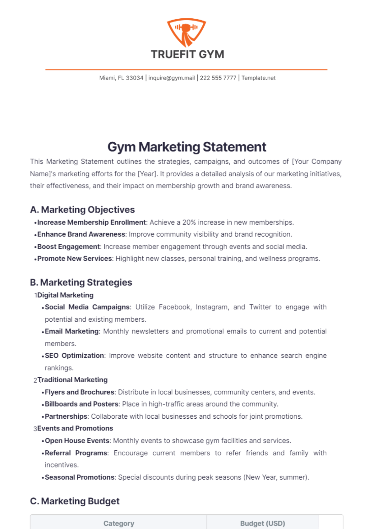 Gym Marketing Statement Template - Edit Online & Download