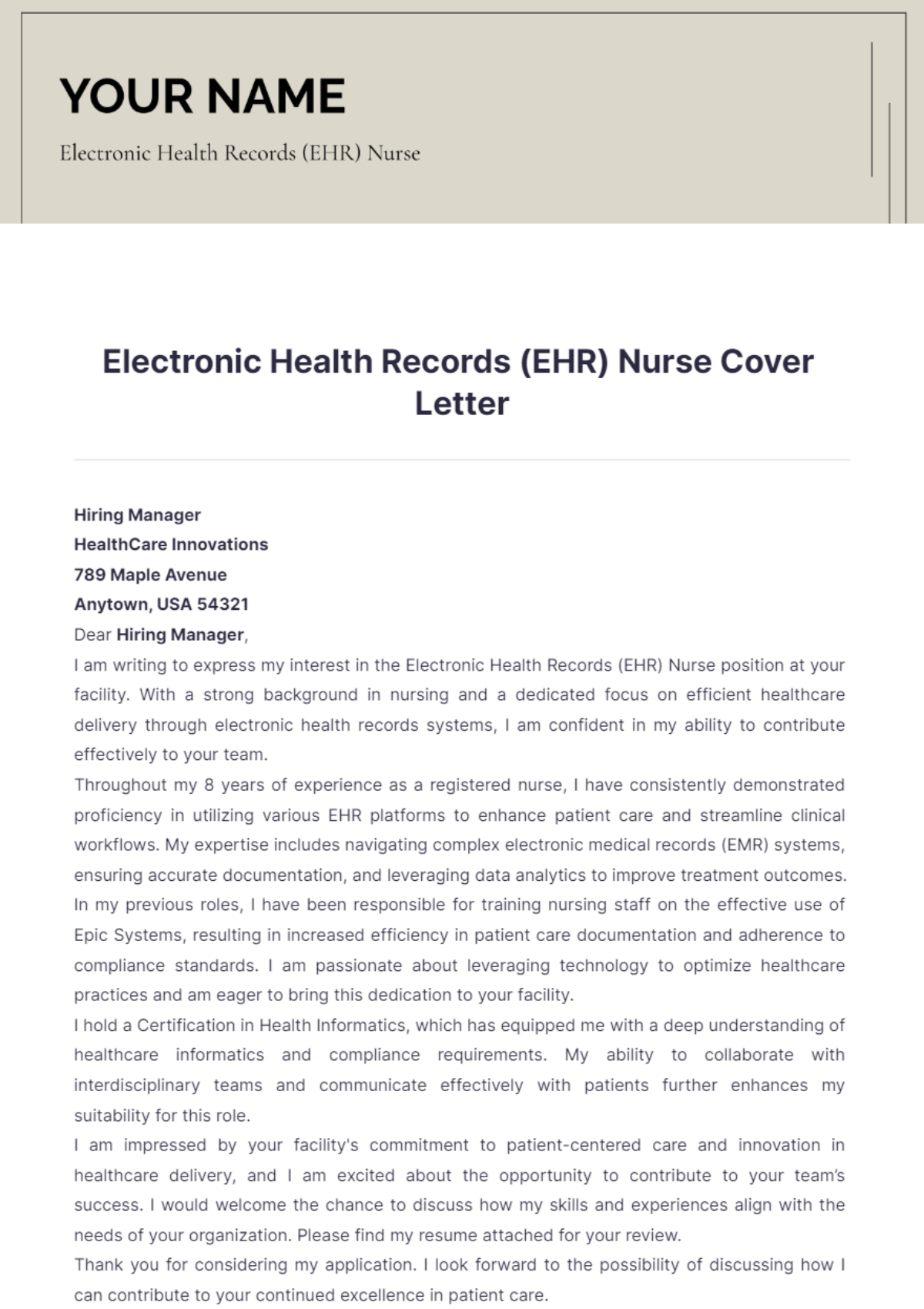 Electronic Health Records (EHR) Nurse Cover Letter - Edit Online & Download