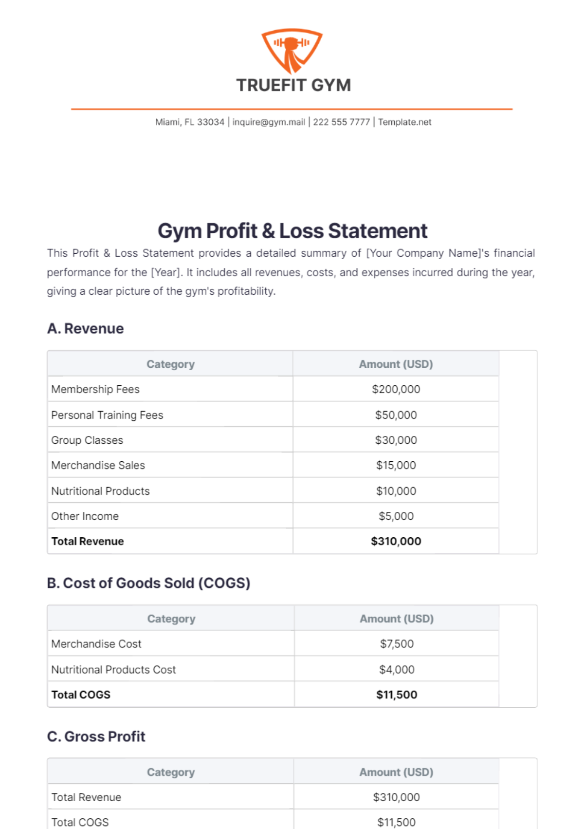 Gym Profit & Loss Statement Template - Edit Online & Download