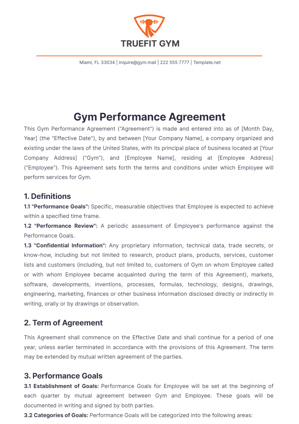 Gym Performance Agreement Template - Edit Online & Download