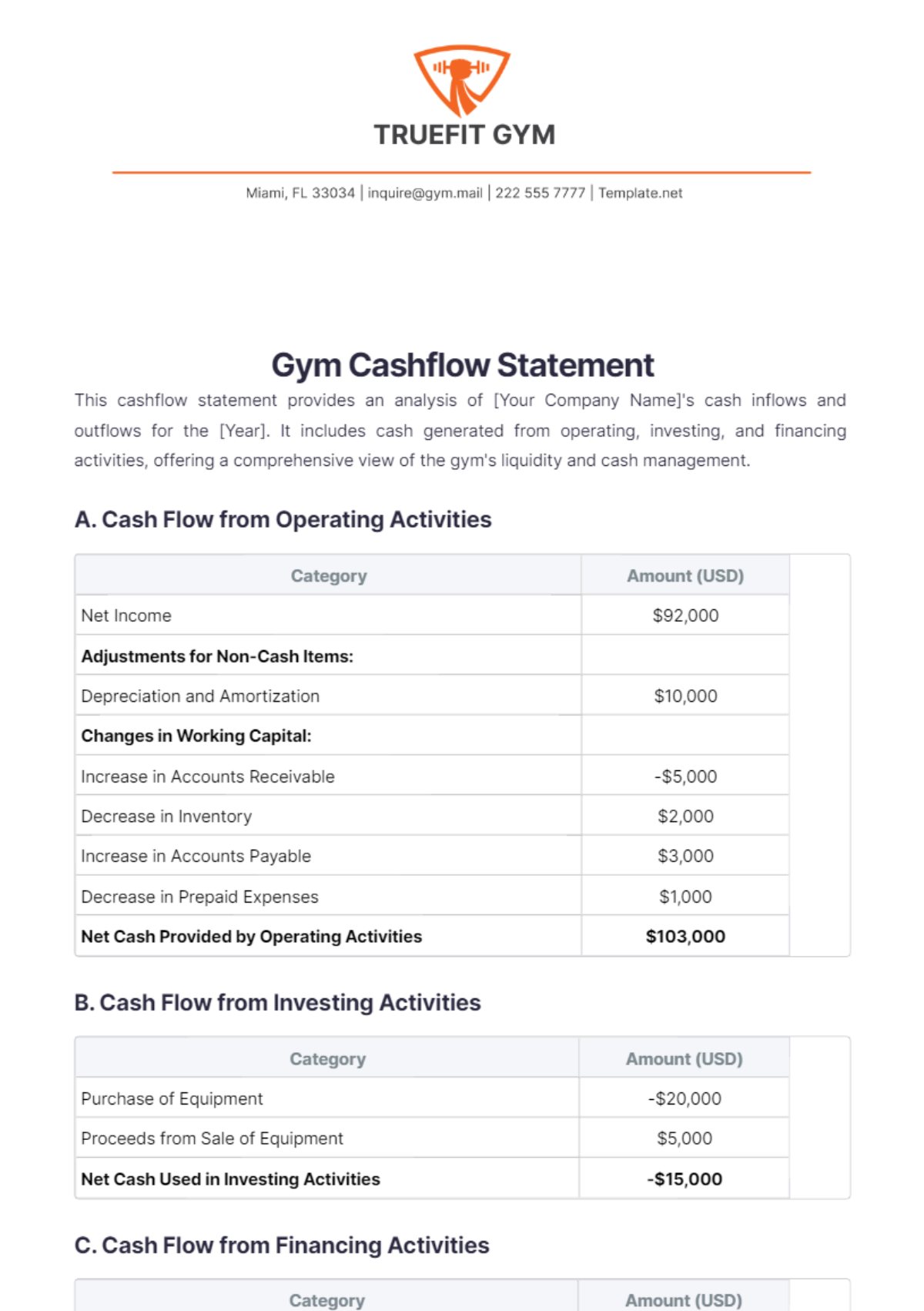 Gym Cashflow Statement Template - Edit Online & Download