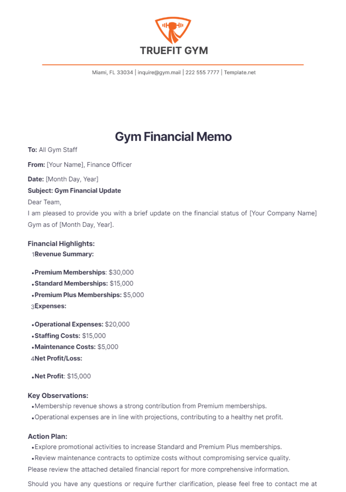 Gym Financial Memo Template - Edit Online & Download