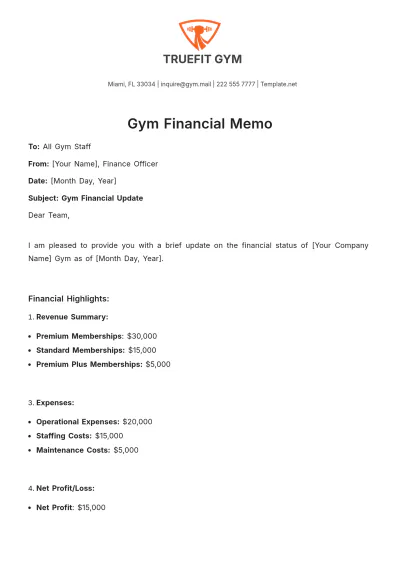 Free Gym Financial Memo Template to Edit Online