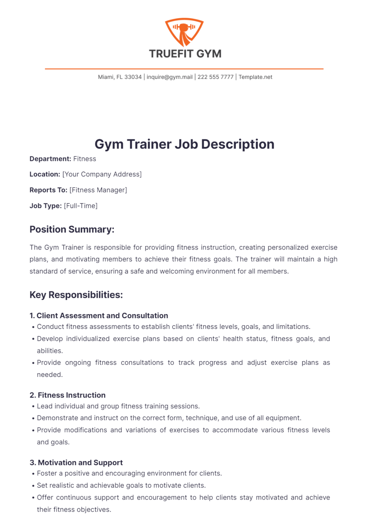 Gym Trainer Job Description Template - Edit Online & Download