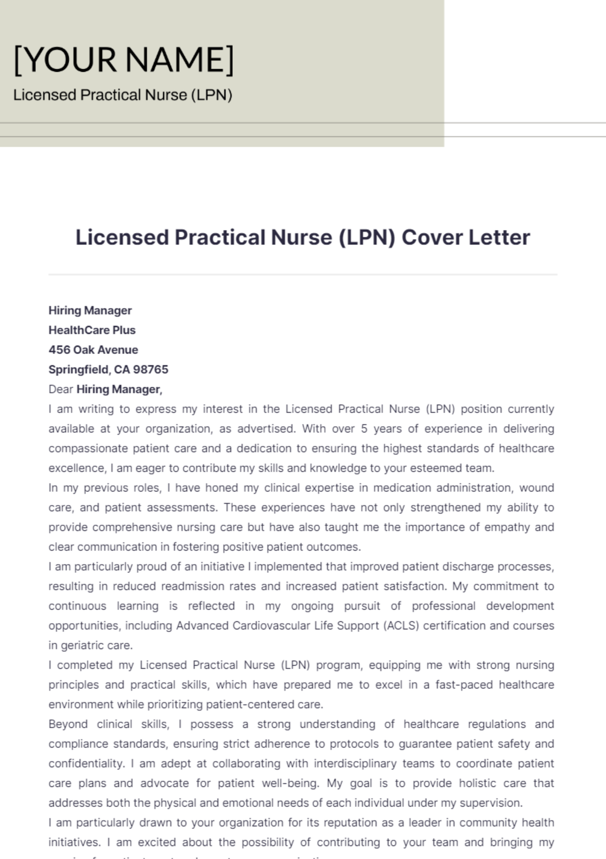 Licensed Practical Nurse (LPN) Cover Letter - Edit Online & Download