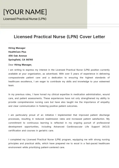 Free Licensed Practical Nurse (LPN) Cover Letter to Edit Online