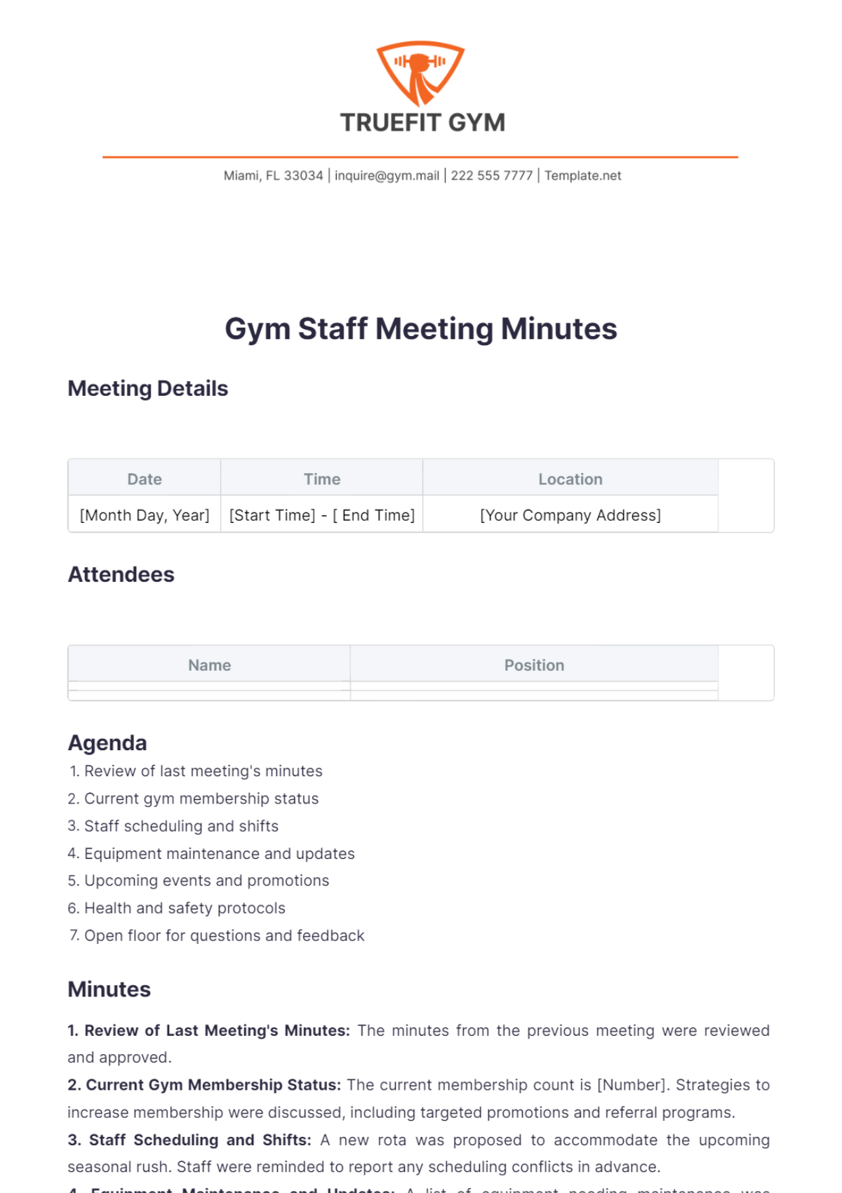 Gym Staff Meeting Minutes Template - Edit Online & Download