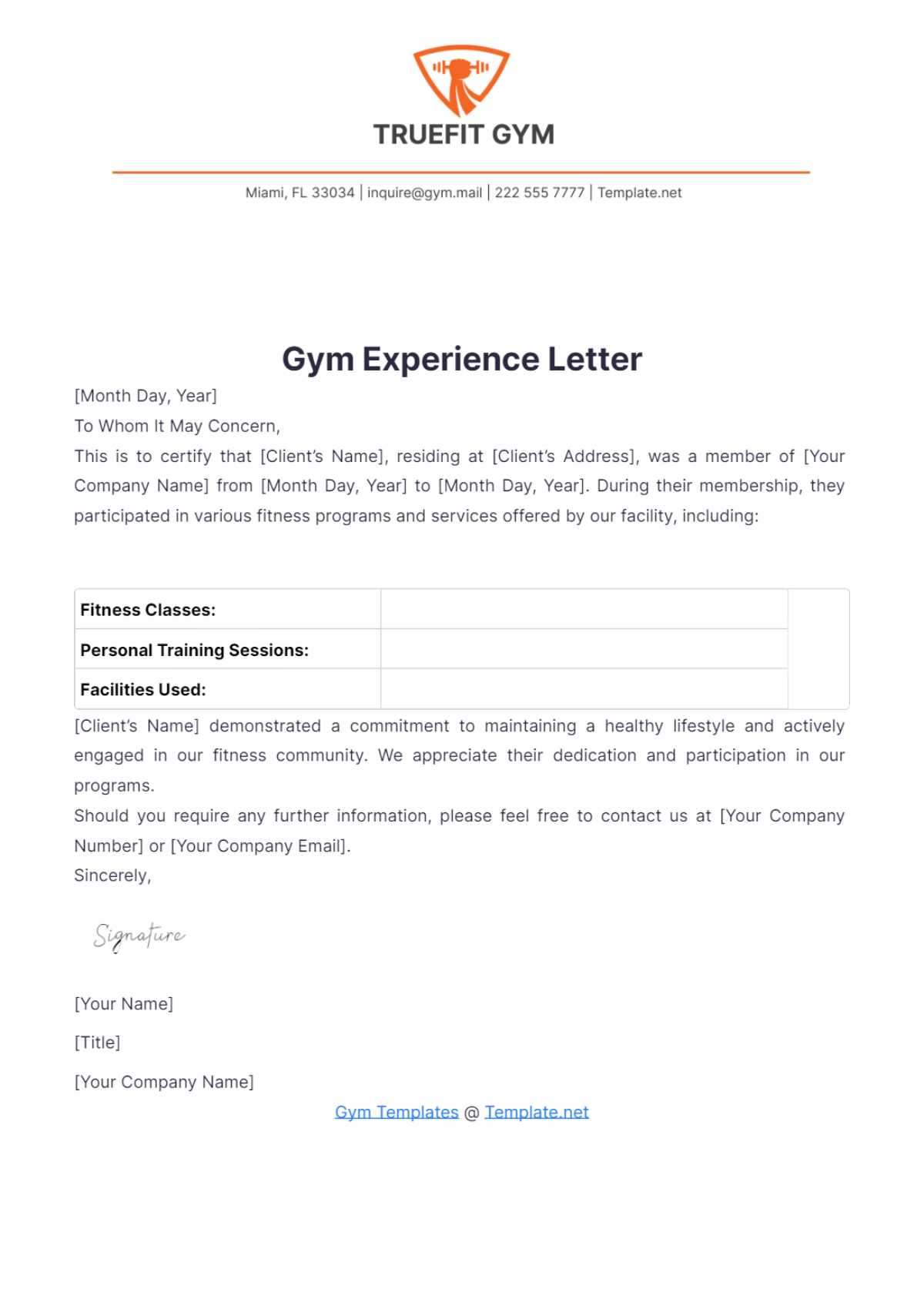 Gym Experience Letter Template - Edit Online & Download