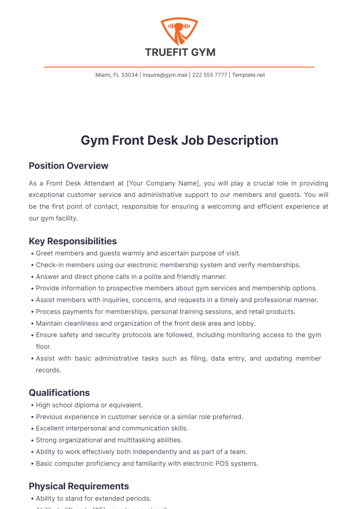 Gym Front Desk Job Description Template - Edit Online & Download