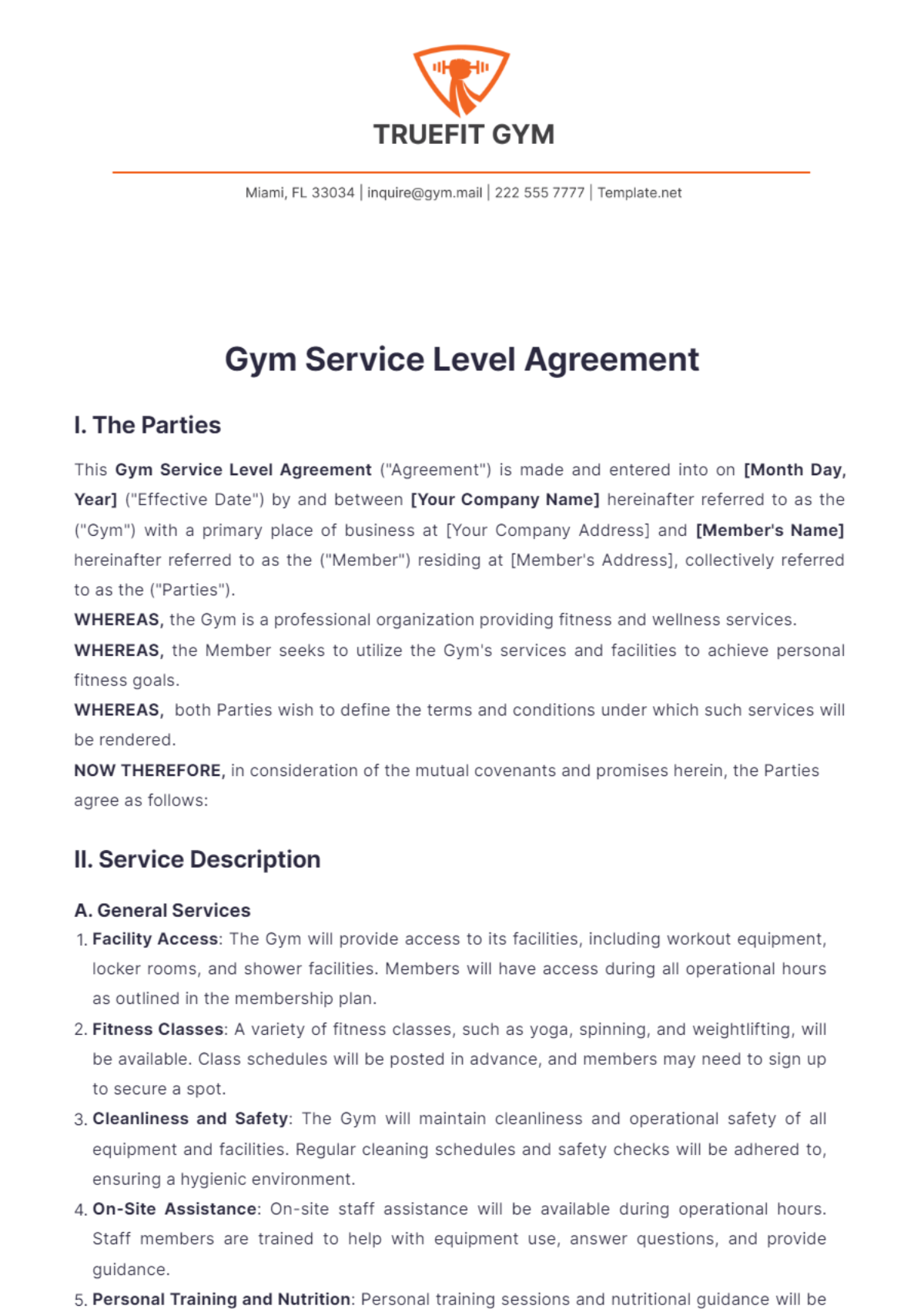 Gym Service Level Agreement Template - Edit Online & Download