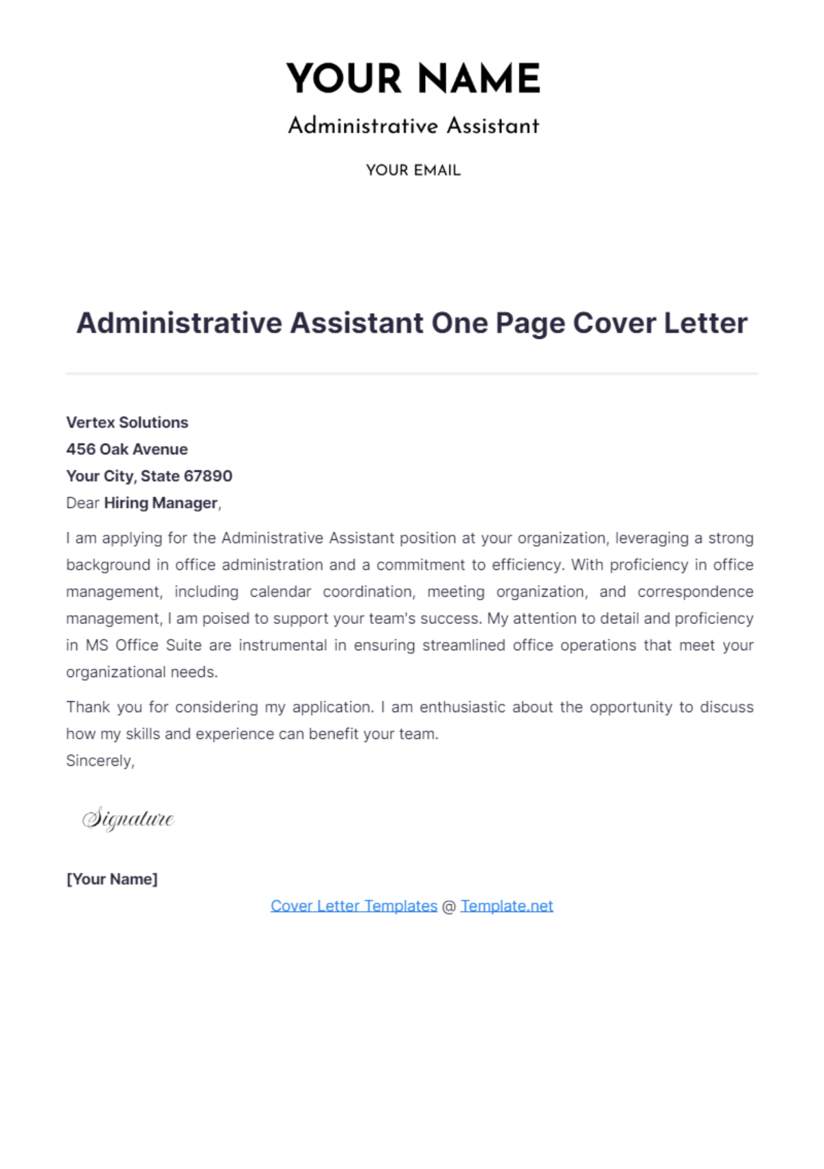 Administrative Assistant One Page Cover Letter - Edit Online & Download