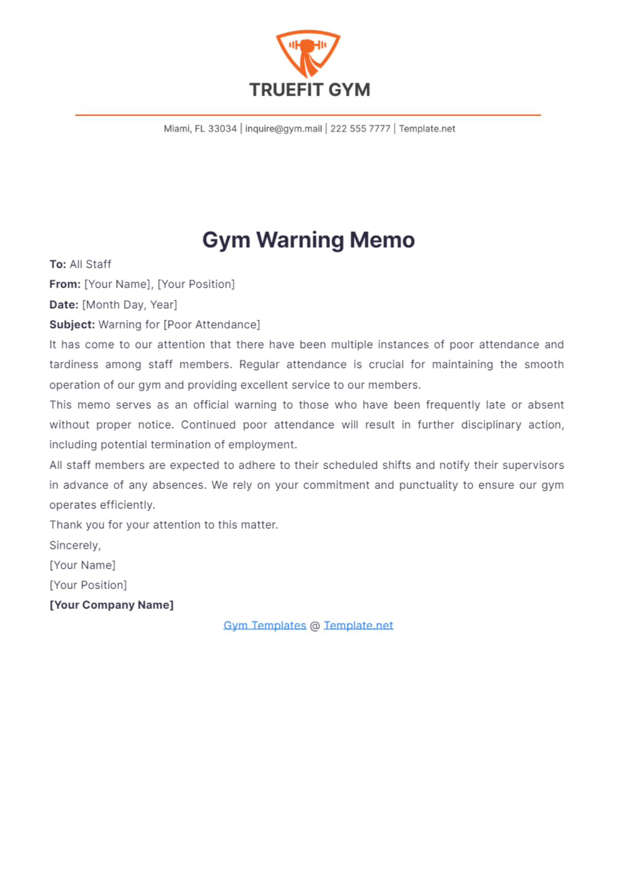 Gym Warning Memo Template - Edit Online & Download