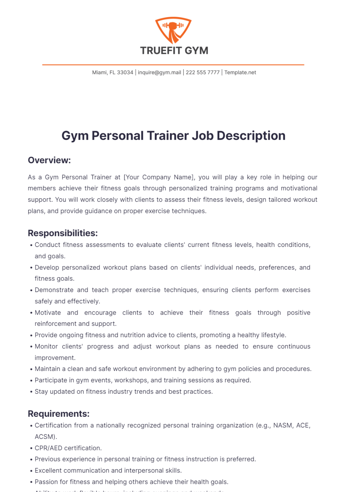 Gym Personal Trainer Job Description Template - Edit Online & Download