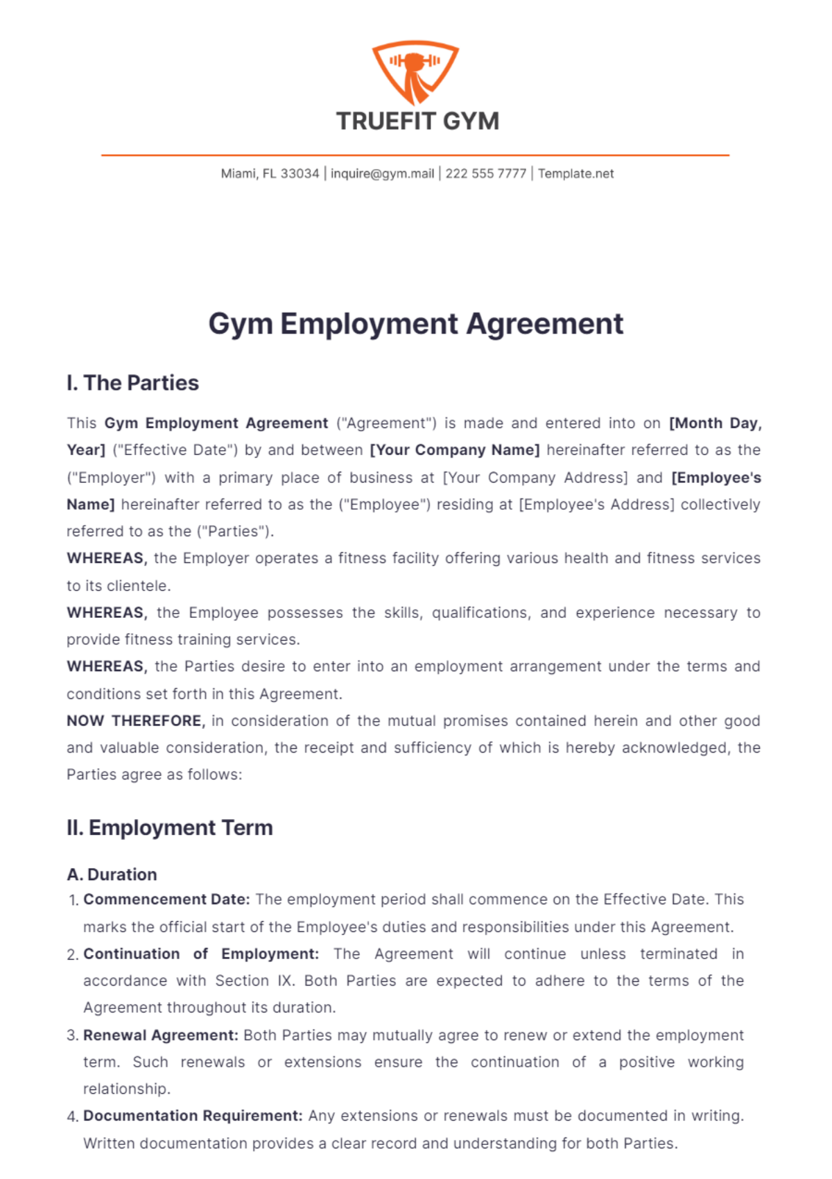 Gym Employment Agreement Template - Edit Online & Download