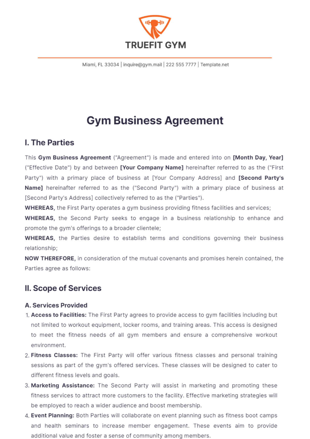 Gym Business Agreement Template - Edit Online & Download