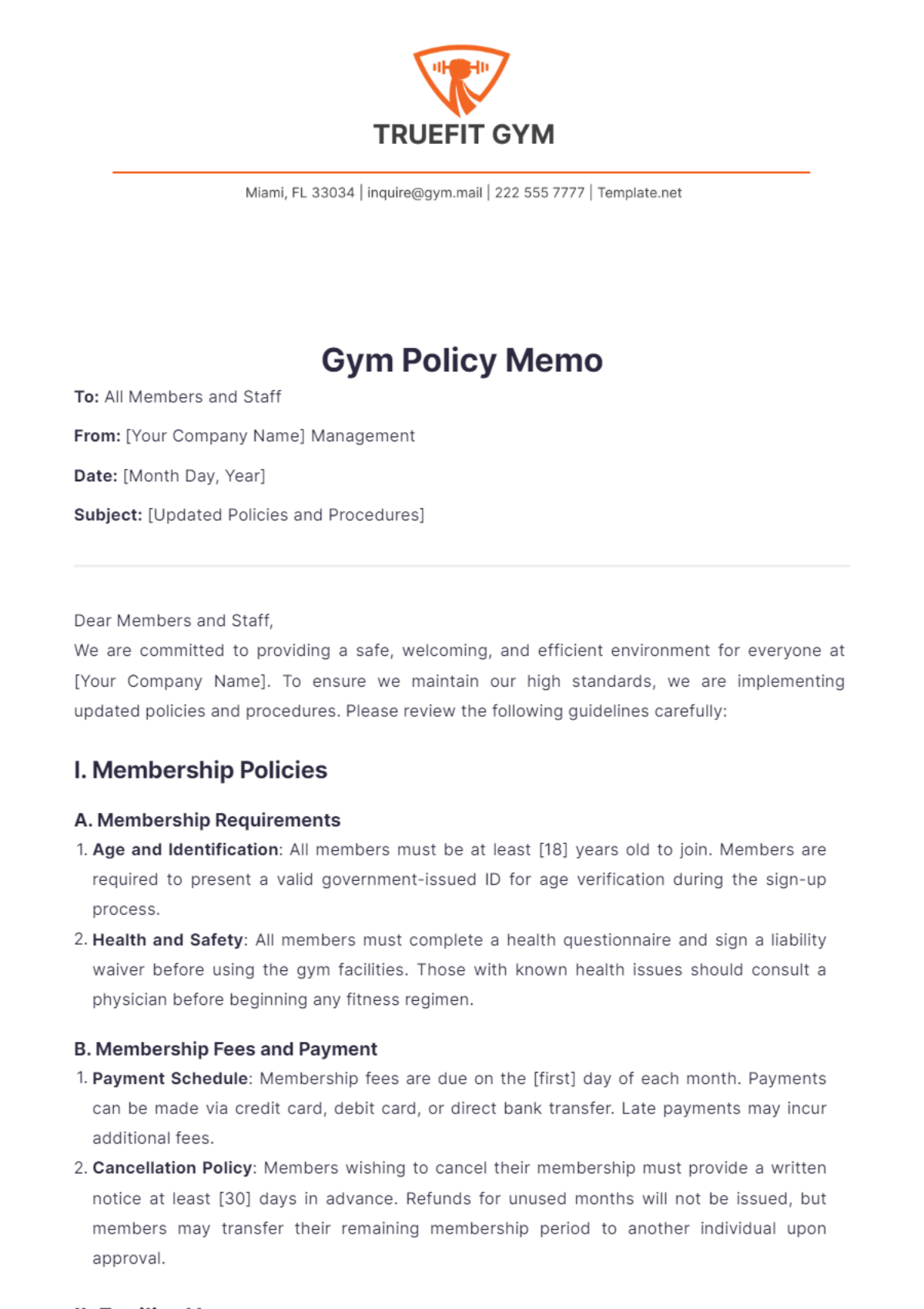 Gym Policy Memo Template - Edit Online & Download