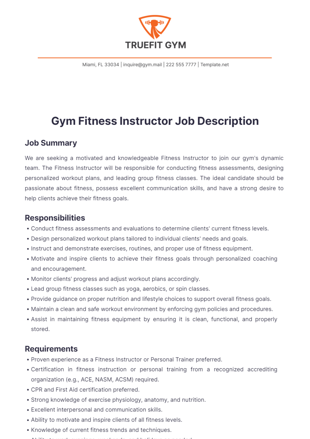 Gym Fitness Instructor Job Description Template - Edit Online & Download