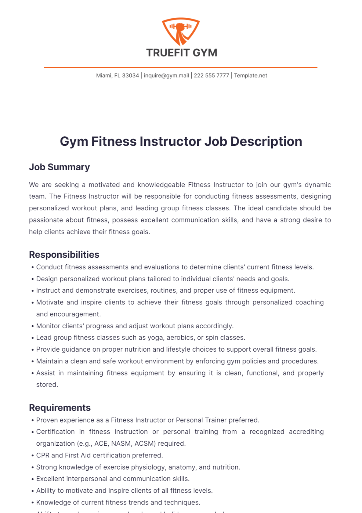 Free Gym Fitness Instructor Job Description Template To Edit Online