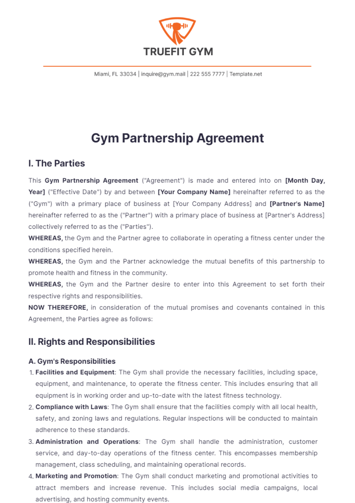 Gym Partnership Agreement Template - Edit Online & Download