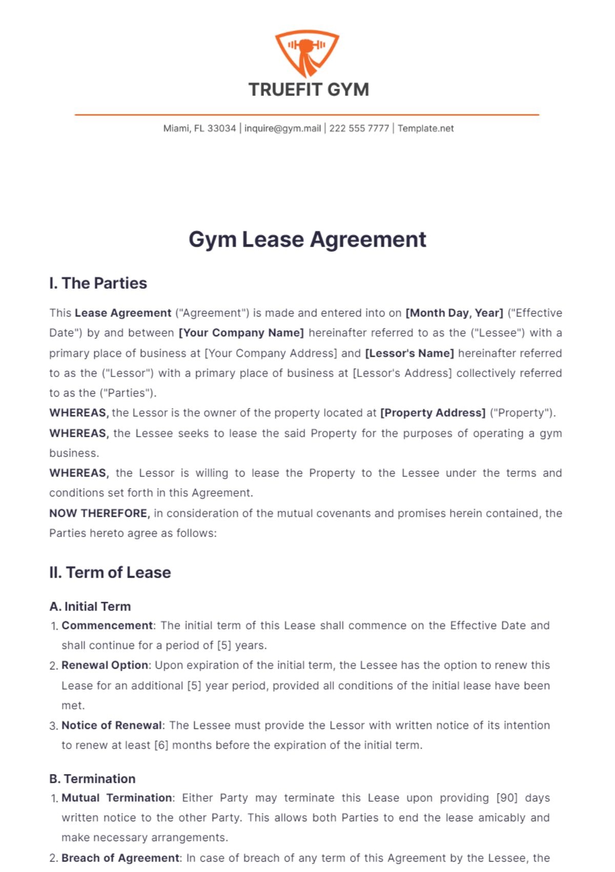 Gym Lease Agreement Template - Edit Online & Download