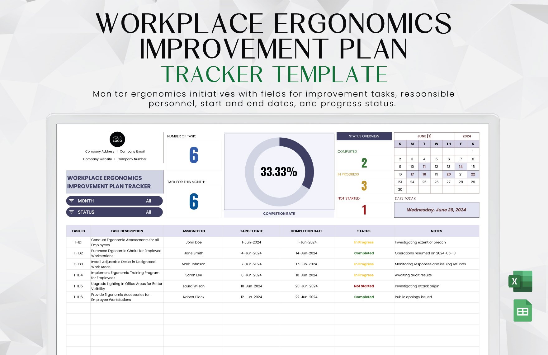 Workplace Ergonomics Improvement Plan Tracker Template in Excel, Google Sheets