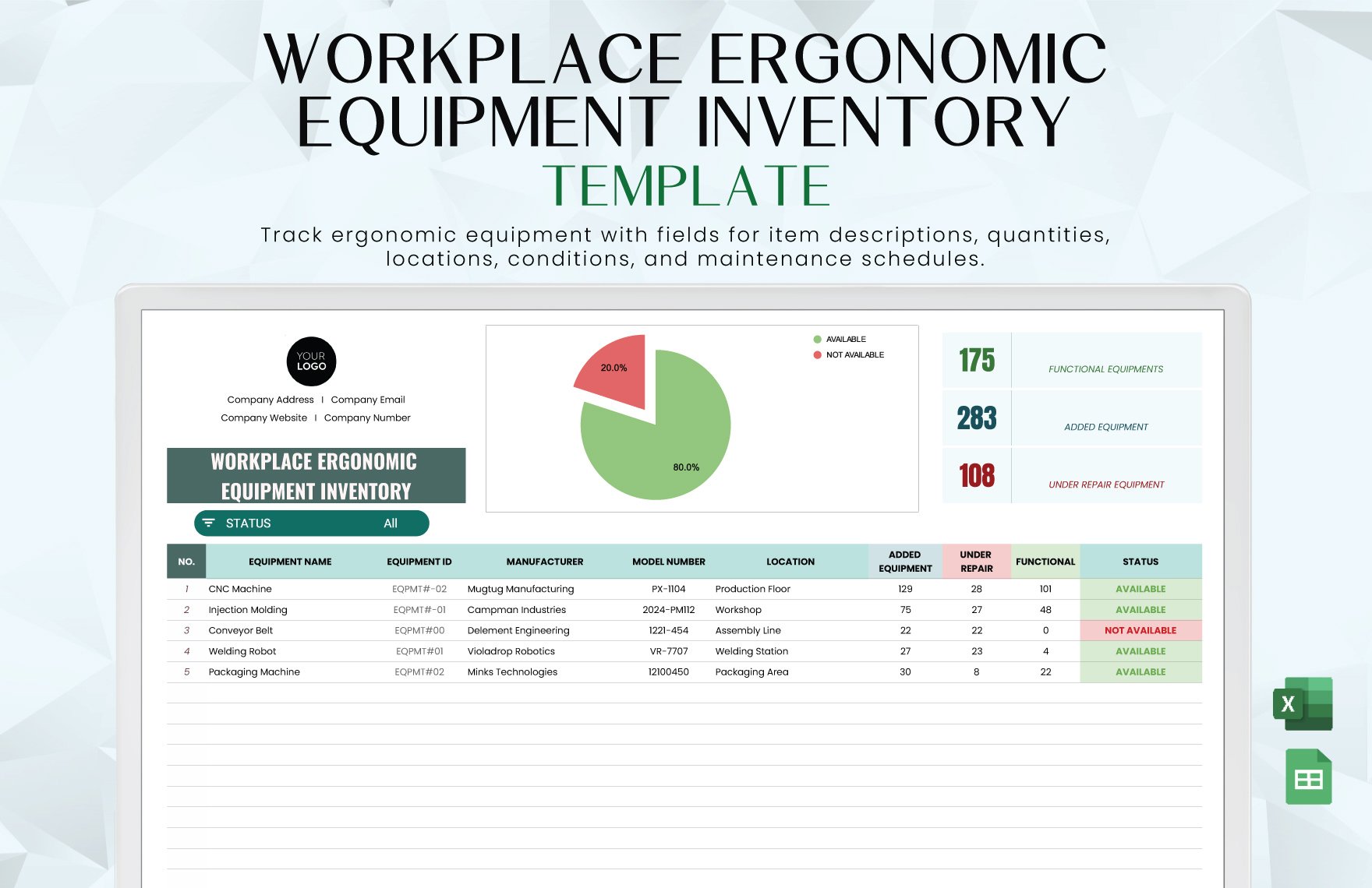 Workplace Ergonomic Equipment Inventory Template in Excel, Google Sheets