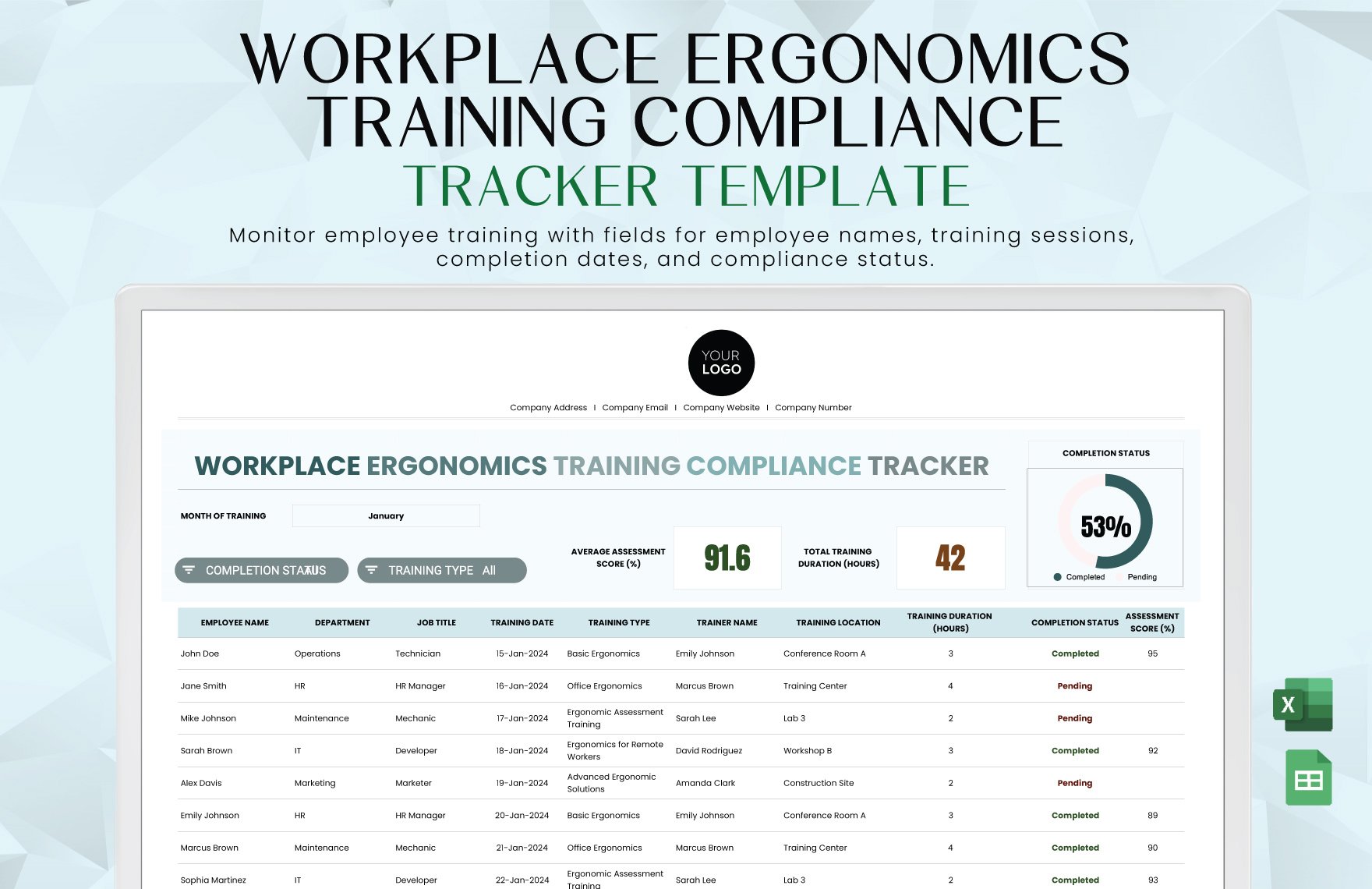 Workplace Ergonomics Training Compliance Tracker Template in Excel, Google Sheets